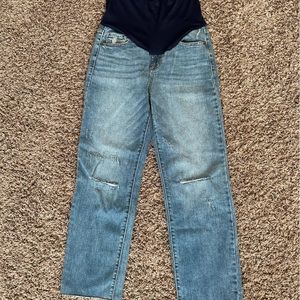Blue Straight Leg Frayed Hem Maternity Jeans